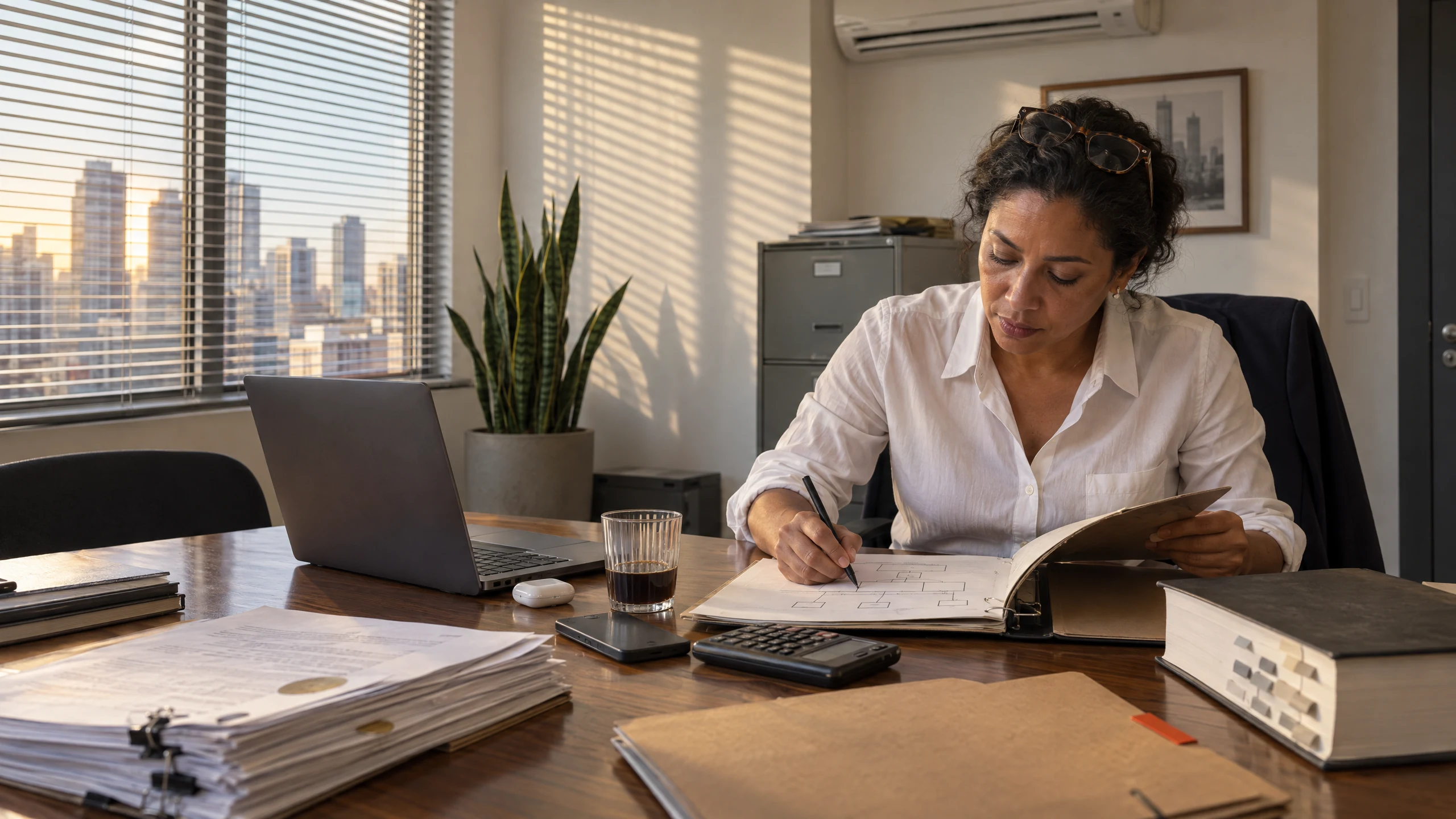 Consultora sentada a la mesa de la oficina, anotando en el archivador del alcance, con la ciudad al fondo por la ventana.