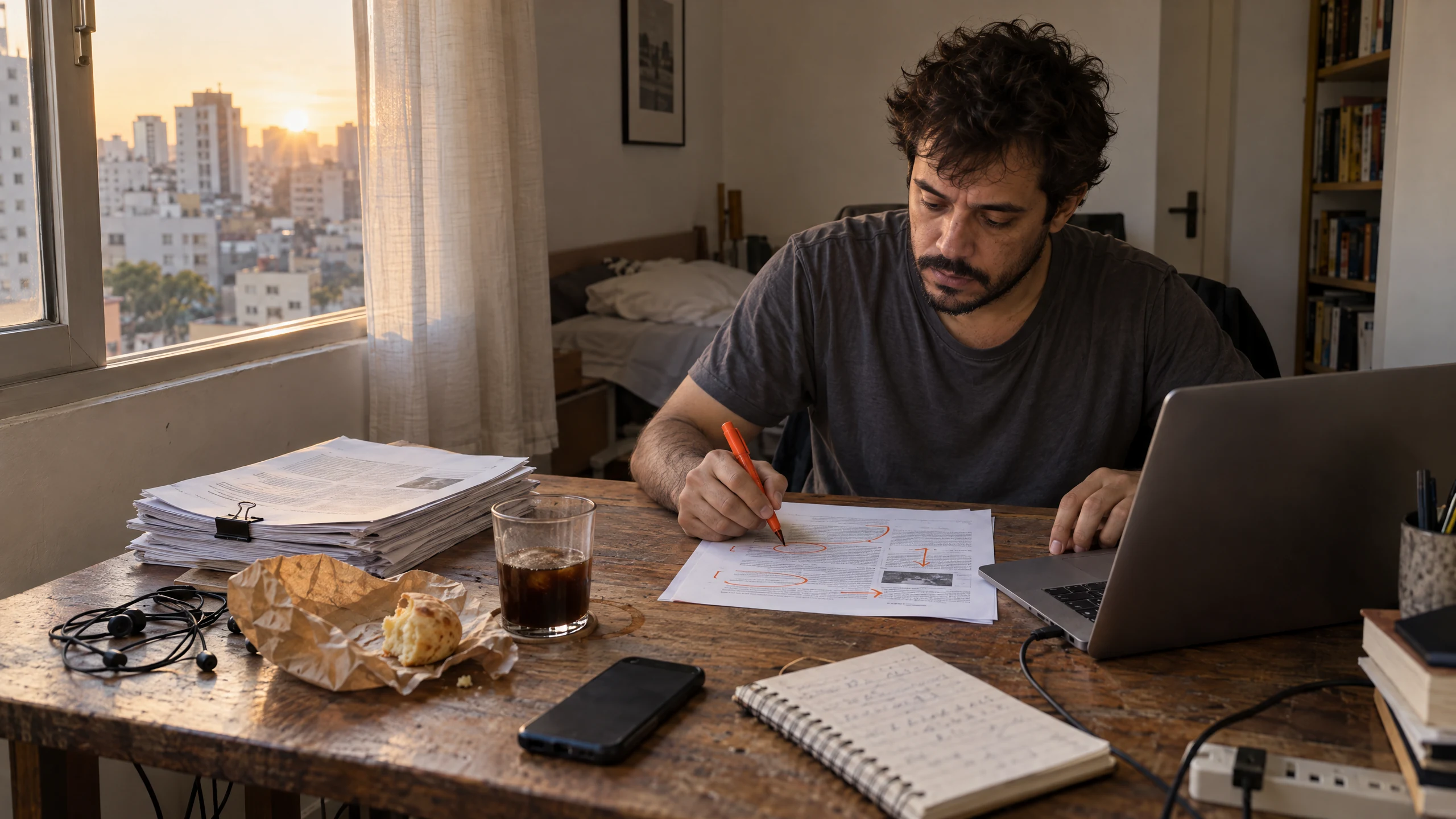 Editor sentado a la mesa de trabajo en casa, marcando la prueba impresa con lapicero naranja, junto a la pila de páginas y la laptop.